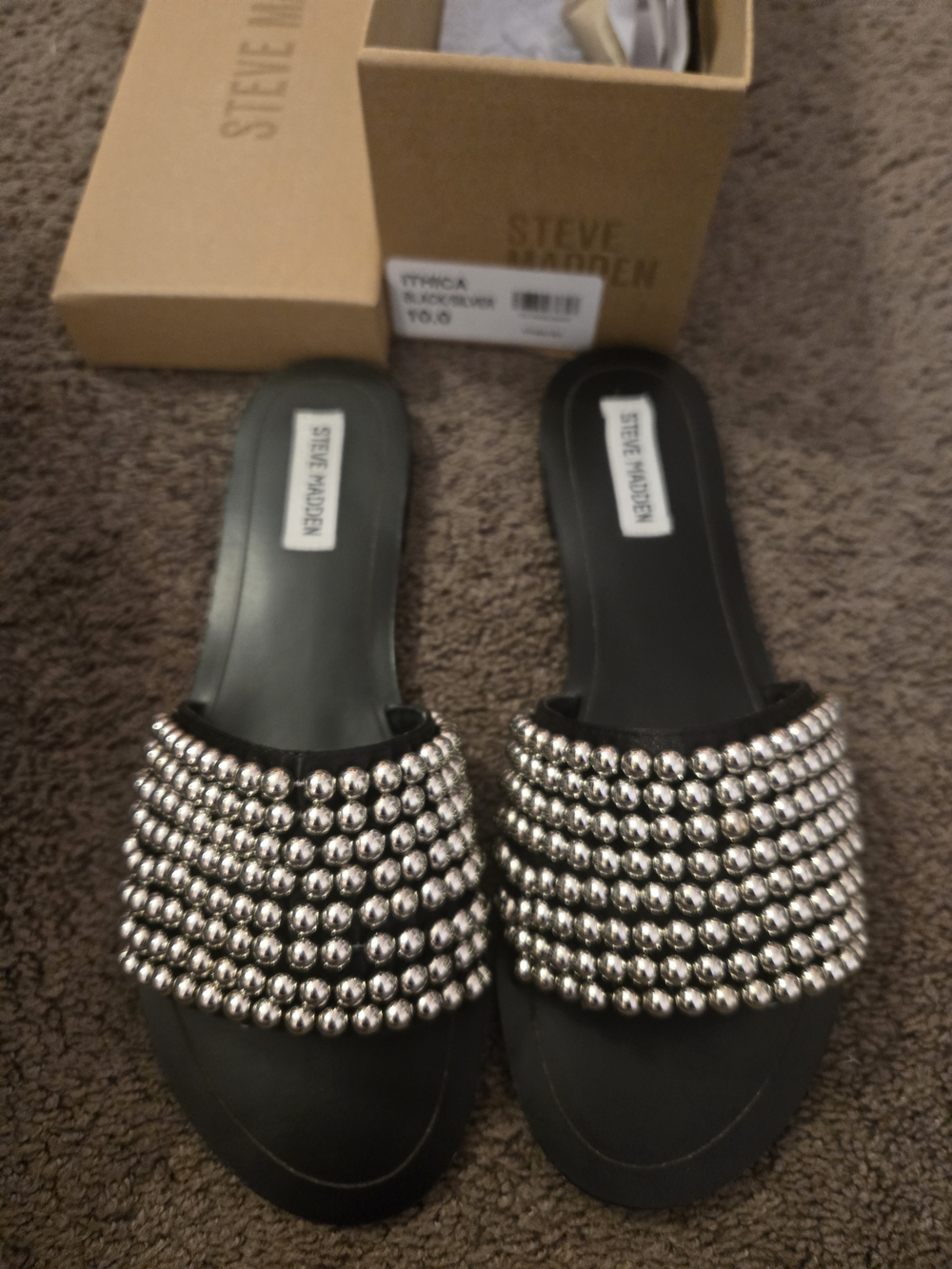 Steve Madden Black Slide Sandals with Silver Beaded Straps